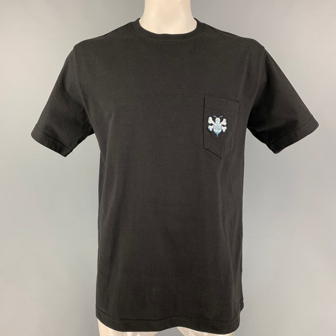 DIOR HOMME x SHAWN STUSSY Size XL Black Embroidery Cotton Crew-Neck T-shirt