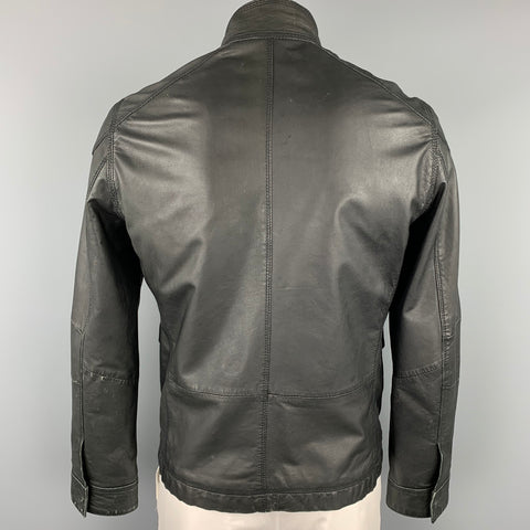 TED BAKER Size L Black Leather Zip & Snaps Zip Up Jacket