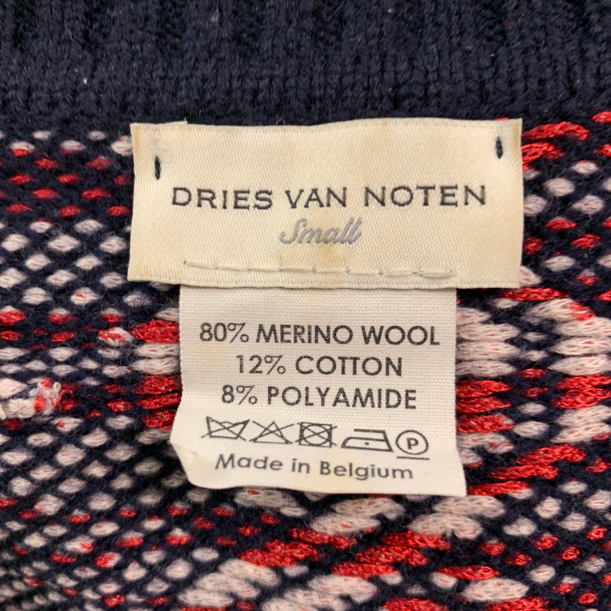 DRIES VAN NOTEN Size S Navy Red White Knit Wool Blend Crew-Neck Pullover