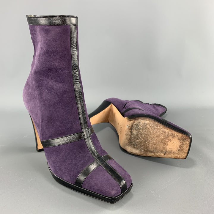 JOSEPH AZAGURY Size 7 Purple Suede Black Stipe Ankle Boots
