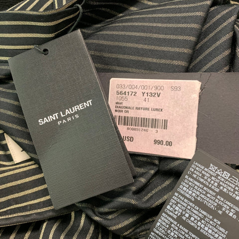 SAINT LAURENT Size M Black Gold Stripe Silk Blend Long Sleeve Shirt