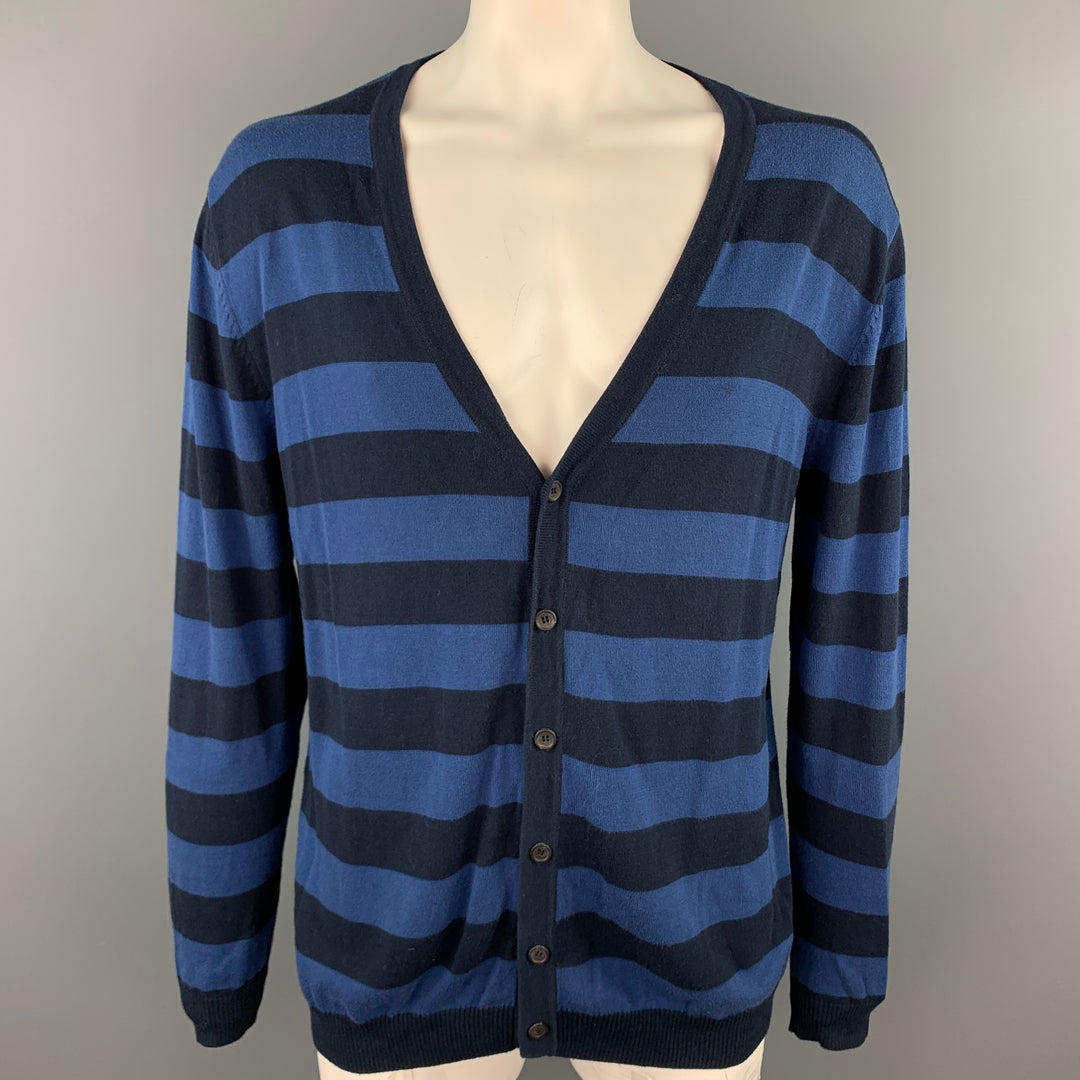 ARMAND BASI Size XL Navy & Blue Stripe Cotton Buttoned Cardigan