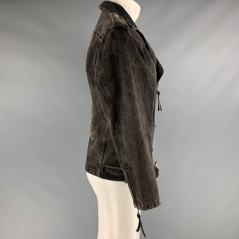 THE KOOPLES Size S Black Beaded Denim Biker Jacket