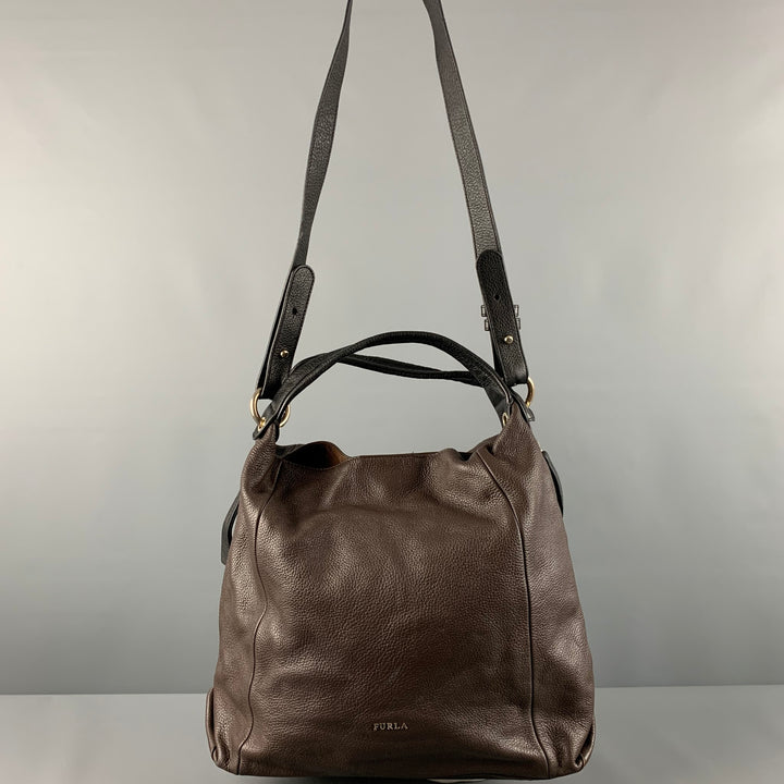 FURLA Brown Black Pebble Grain Leather Hobo Handbag