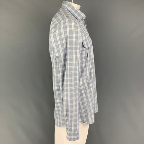 PRADA Size L Grey Light Blue Plaid Cotton Patch Pocket Long Sleeve Shirt