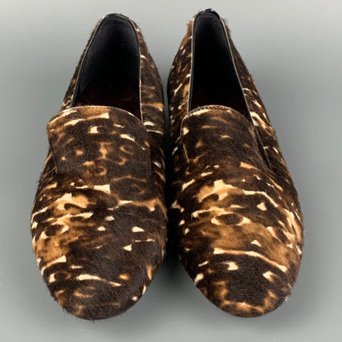 BURBERRY PRORSUM Zapatos planos sin cordones con estampado animal de cuero marrón talla 5