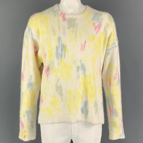 JOHN ELLIOTT Size XL Off White Yellow Painted Angora  Nylon Crew-Neck Sweater