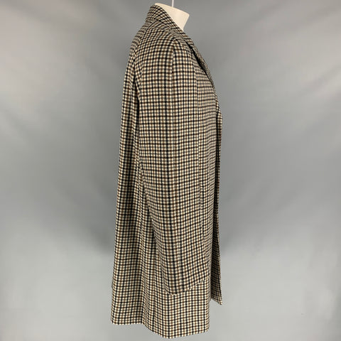 LANVIN Talla 44 Abrigo de lana a cuadros negro y marrón avena