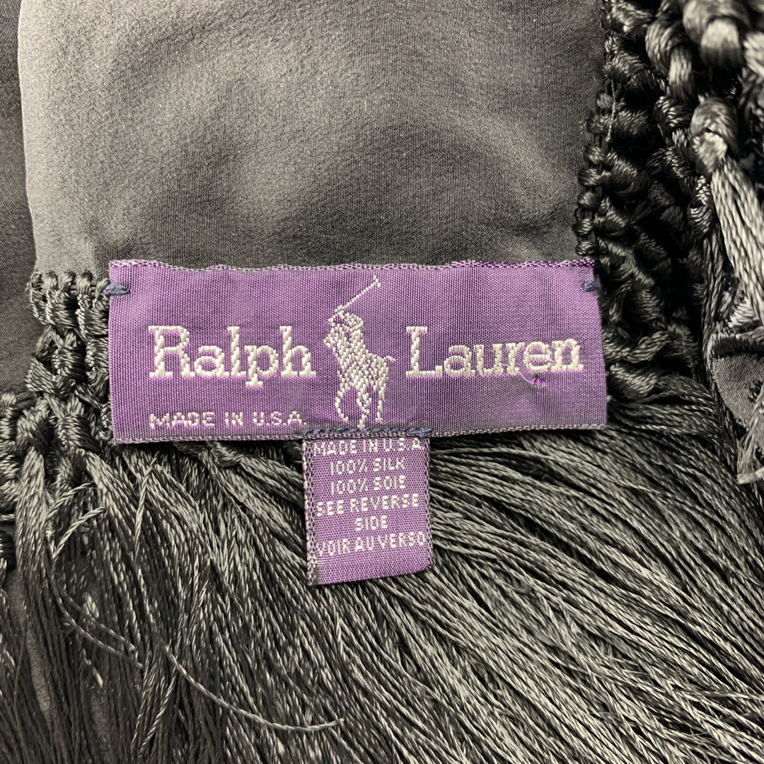 RALPH LAUREN Purple Label Black Embroidered Silk Fringe 54 x 52 in Scarf Shawl