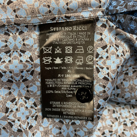 STEFANO RICCI Size XL Charcoal Blue Abstract Silk Long Sleeve Shirt