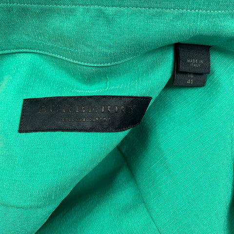 BURBERRY PRORSUM Spring 2014 Size L Jade Green Pleated Silk Long Sleeve Shirt