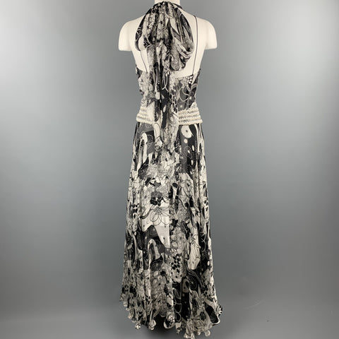 NAEEM KHAN Size 6 Black & White Floral Silk Beaded Halter Gown