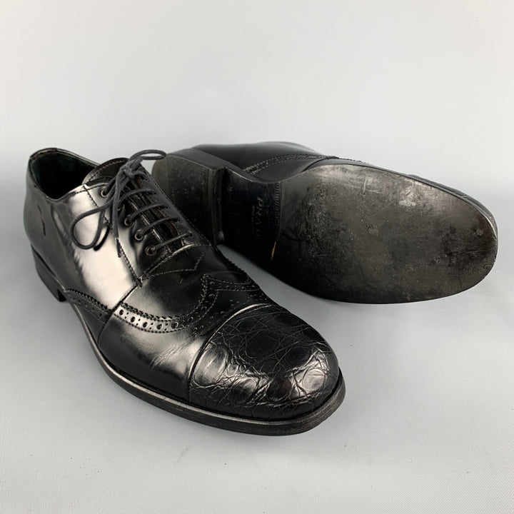 PRADA Size 9 Black Perforated Leather Wingtip Textured Cap Toe Lace Up Shoes