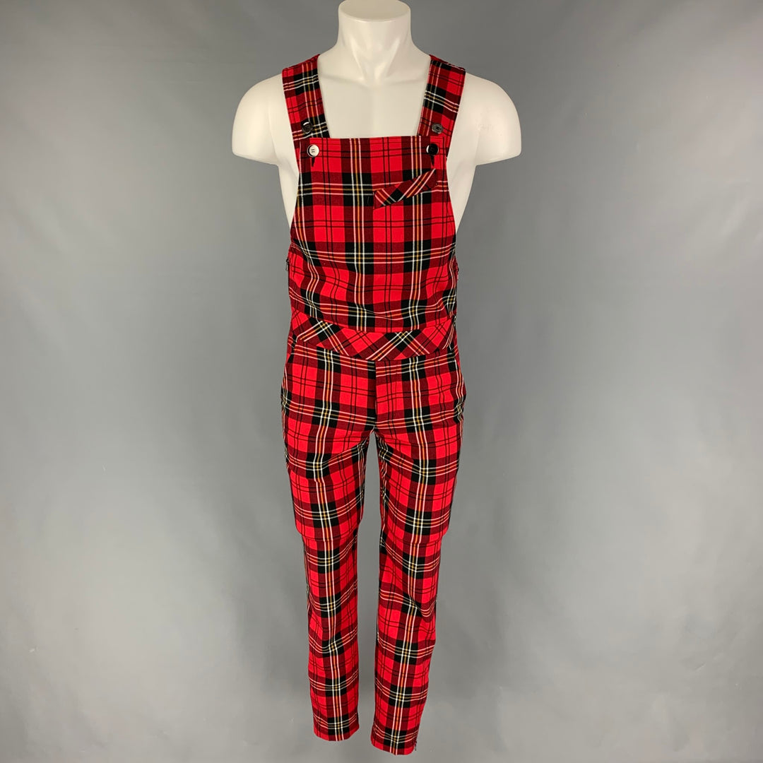 MR TURK Size XS Red Black White Polyester Plaid Zip Fly Overalls