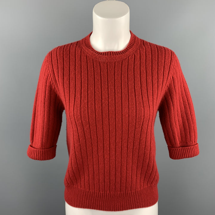 BOTTEGA VENETA Size M Red Knitted Cashmere / Wool Short Sleeve Pullover