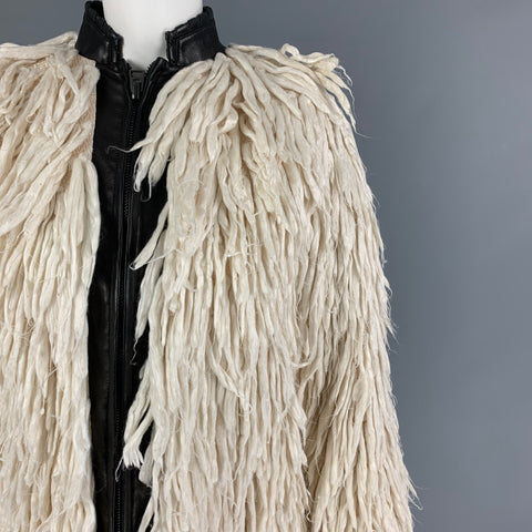 TOM FORD Size 2 White Black Silk Shaggy Leather Trim Zip Up Coat