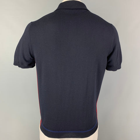 PRADA Size L Navy Burgundy Knitted Wool Buttoned Polo