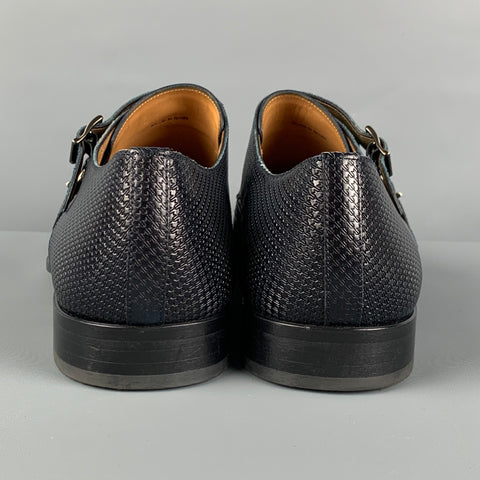 MAGNANNI Size 11 Dark Navy Textured Leather Double Monk Strap Loafers