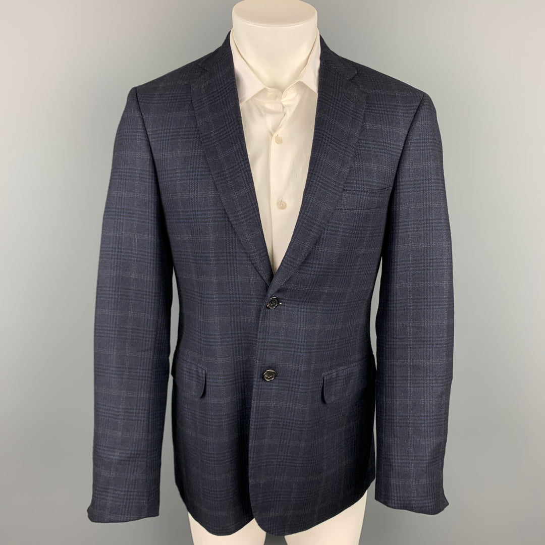 BRIONI Size 39 Navy Plaid Silk / Wool Notch Lapel Custom Sport Coat