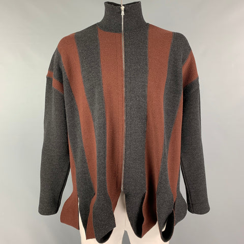 TAKASHIMAYA x ADRIEN PARRY ROBERTS Size L Grey Brick Stripe Wool Acrylic Full Zip Cardigan