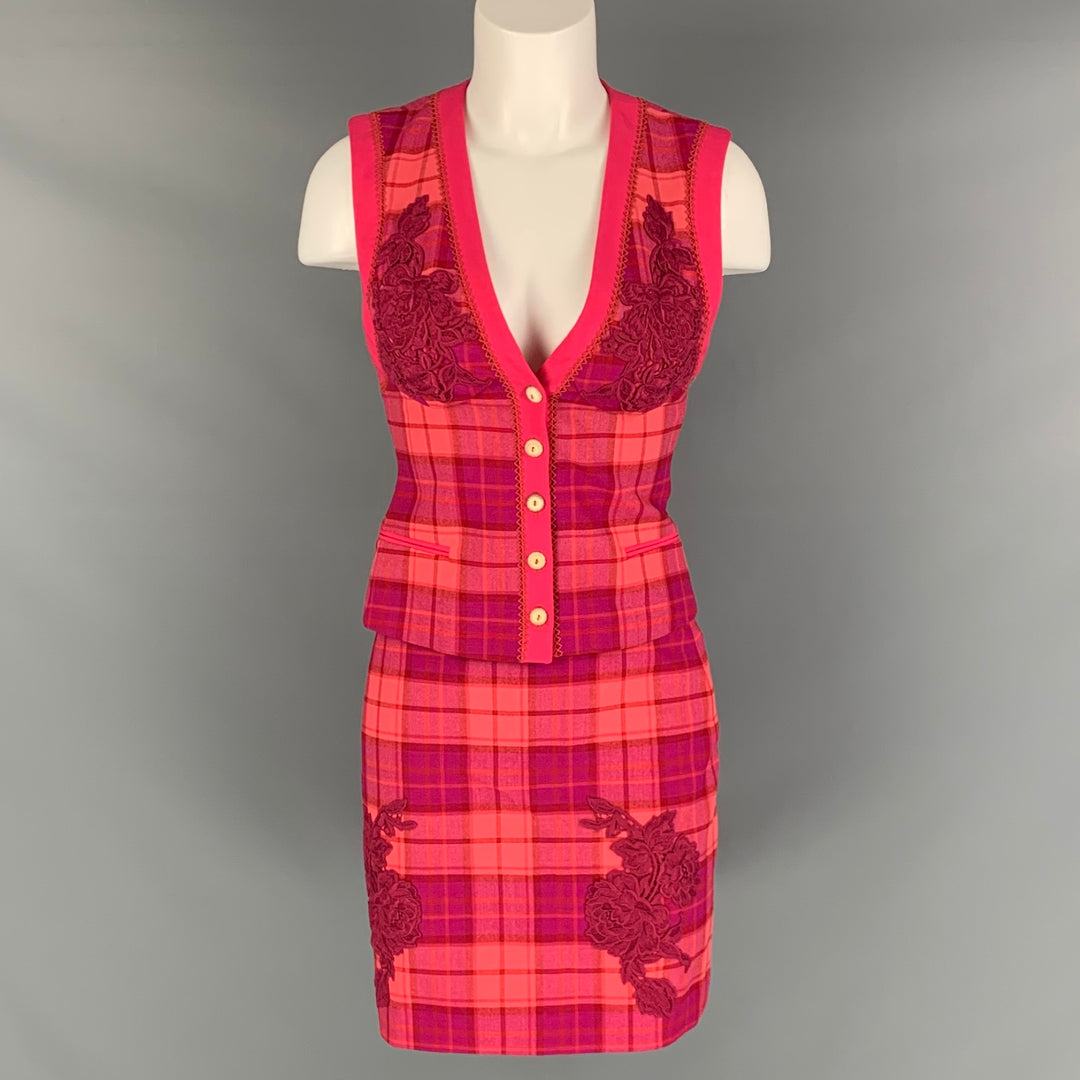 LA PERLA Size 2 Red Pink Wool Elastane Plaid Pencil Above Knee Outfits Sets