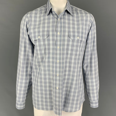 PRADA Size L Grey Light Blue Plaid Cotton Patch Pocket Long Sleeve Shirt