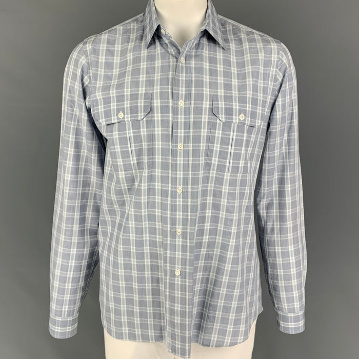 PRADA Size L Grey Light Blue Plaid Cotton Patch Pocket Long Sleeve Shirt