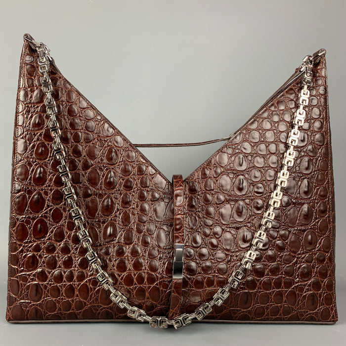 GIVENCHY Large Cut Out Bag Brown Embossed Croc Leather Shoulder Unisex Handbag