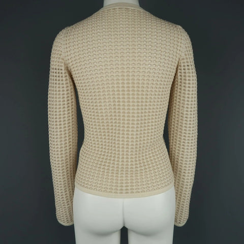 CHLOE Size L Cream Stretch Wool Mesh Knit Crewneck Cardigan CHLOE