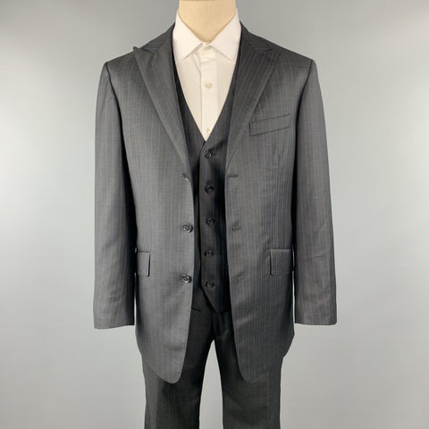 DAVID AUGUST Size 40 Charcoal & Blue Stripe Wool Notch Lapel 34 x 30 Suit