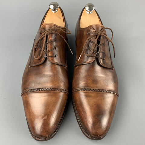 BONTONI Size 10 Brown Burnished Leather Cap Toe Lace Up Shoes