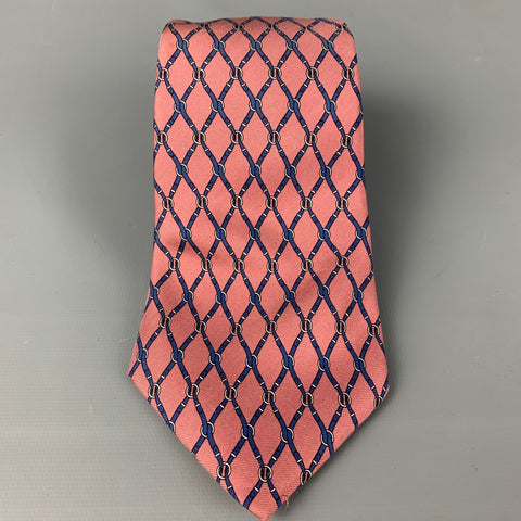 YVES SAINT LAURENT Pink Navy Equestrian Silk Tie