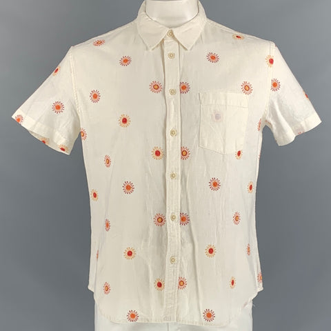 CORRIDOR Size L White Orange Linen / Cotton Short Sleeve Shirt