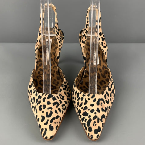 MANOLO BLAHNIK Size 7 Tan Canvas Animal Print Slingback Pumps