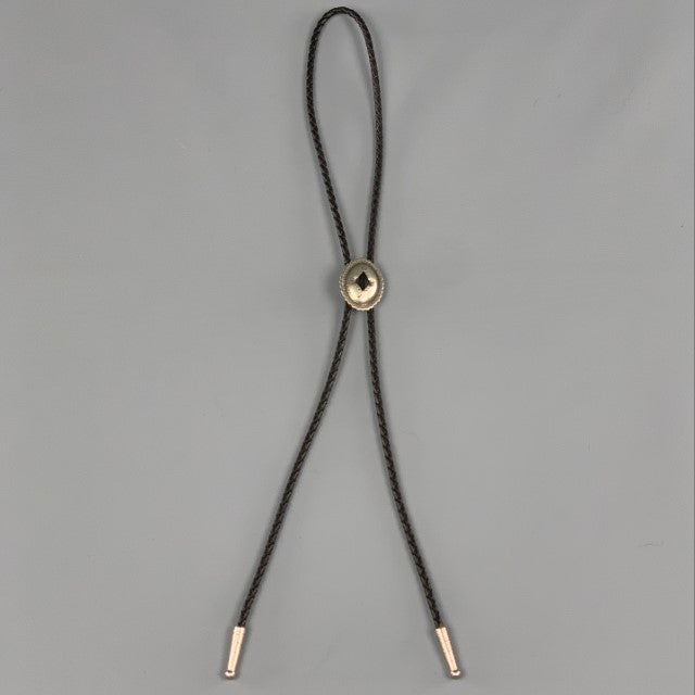 VINTAGE Black Silver Braided Leather Concho Bolo Tie