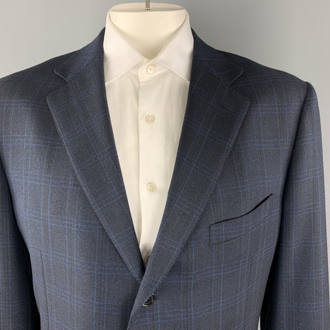 ERMENEGILDO ZEGNA Size 48 Long Navy Plaid Wool Notch Lapel Long Sport Coat