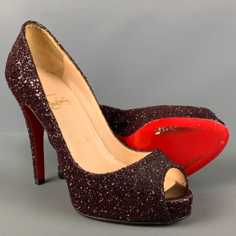 CHRISTIAN LOUBOUTIN Size 6.5 Burgundy Glitter Peep Toe Pumps