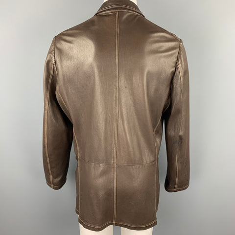 JIL SANDER Size L Brown Contrast Stitch Leather Notch Lapel Jacket