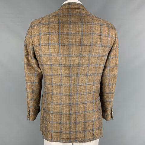KITON Size 46 Tan Light Blue Plaid Cashmere Blend Sport Coat