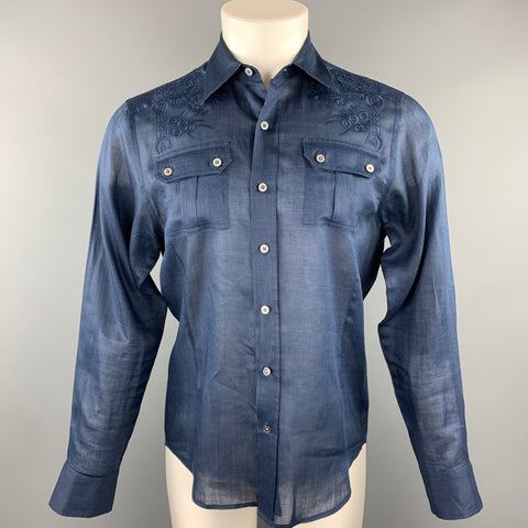 PAUL & JOE Size M Navy Embroidery Ramie Button Up Long Sleeve Shirt
