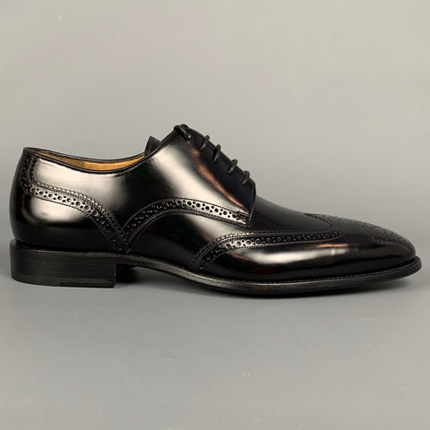 BALLY Size 7 Black Perforated Patent Leather Wingtip Lace Up Shoes