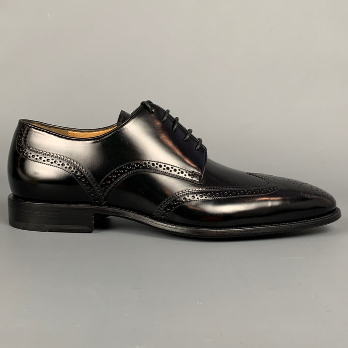 BALLY Size 7 Black Perforated Patent Leather Wingtip Lace Up Shoes
