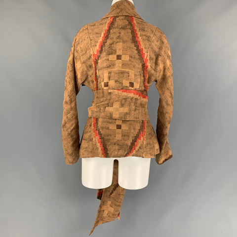 RALPH LAUREN Size 4 Tan & Brown Textured Linen Belted Jacket