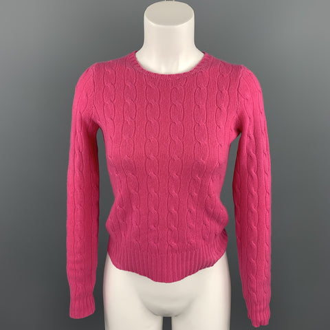 RALPH LAUREN Size S Fuchsia Cable Knit Cashmere Crew-Neck Sweater