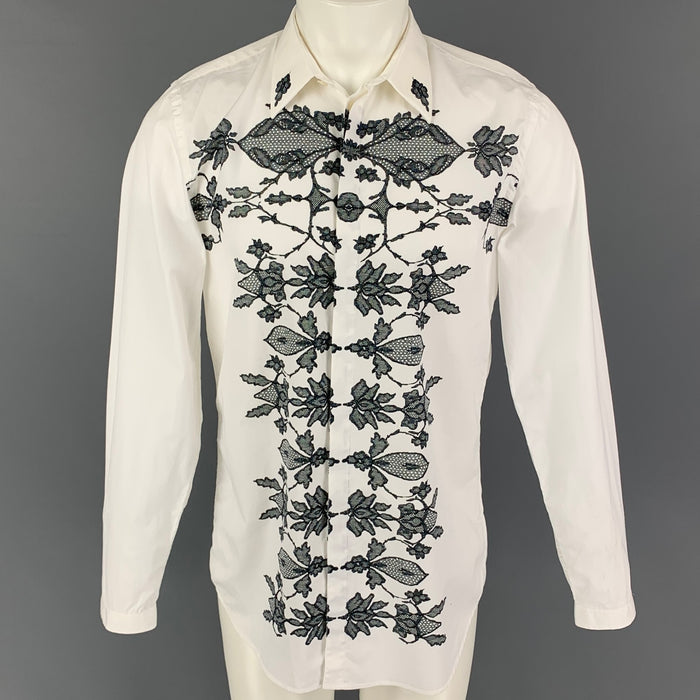 GIVENCHY Size M White Black Print Cotton Hidden Placket Long Sleeve Shirt