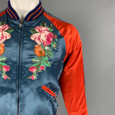 GUCCI Size 34 Multi-Color Floral & Koi Carp Embroidery Satin Varsity Bomber Jacket
