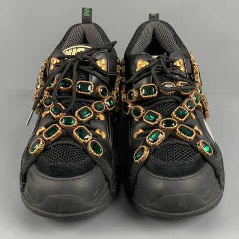 GUCCI Size 9.5 Black Green Beaded Nylon Lace Up Sneakers