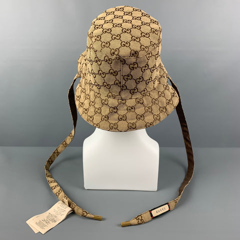 GUCCI Size XL Tan Brown Monogram Canvas Reversible Bucket Hat