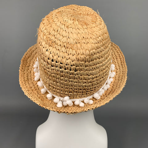 TRACY WATTS Size M Natural & White Woven Raffia Fedora Hat