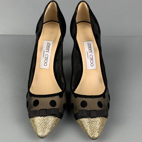 JIMMY CHOO Talla 6.5 Zapatos de tacón con lunares de malla en negro y dorado